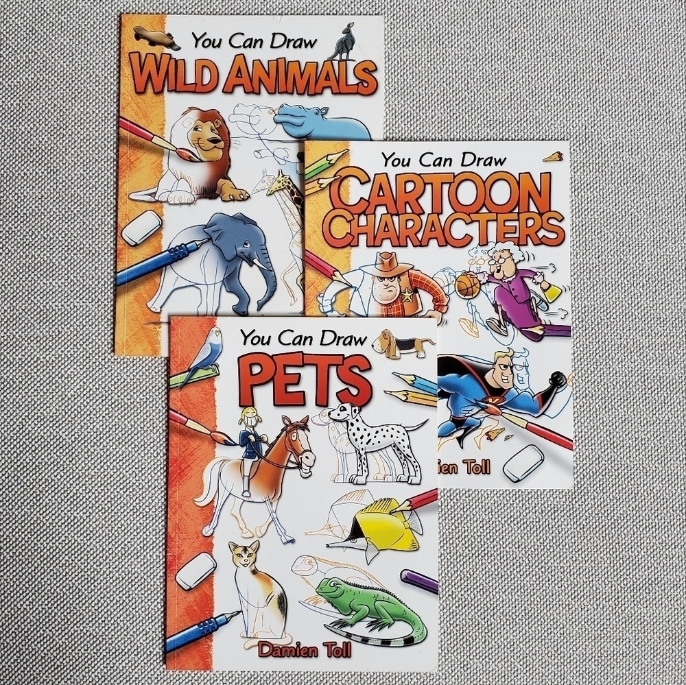 Set of 3 Kids/Children’s Drawing Books- Cartoons, Pets, Wild Animals